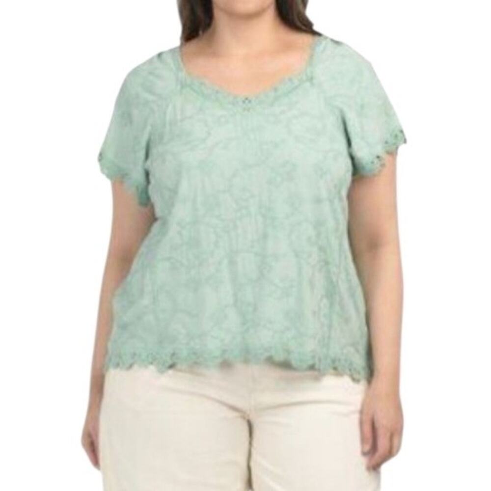Democracy Mint Green Lace Trim Embroidered Boho Women's Top Plus Size 1X New